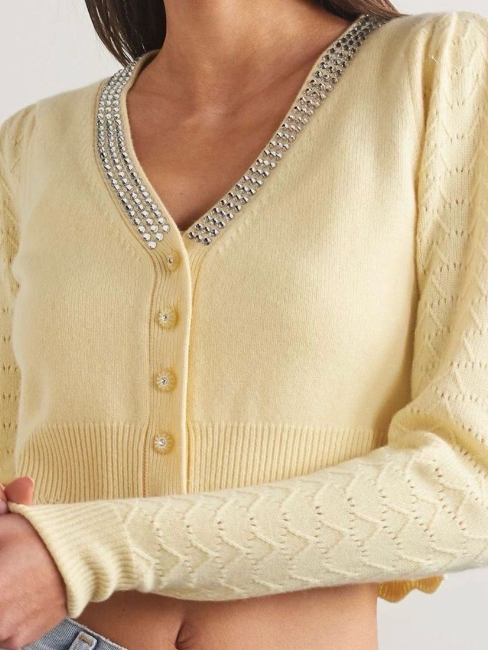 LoveShackFancy Pale Yellow Rhinestone V-Neck Cropped Cardigan